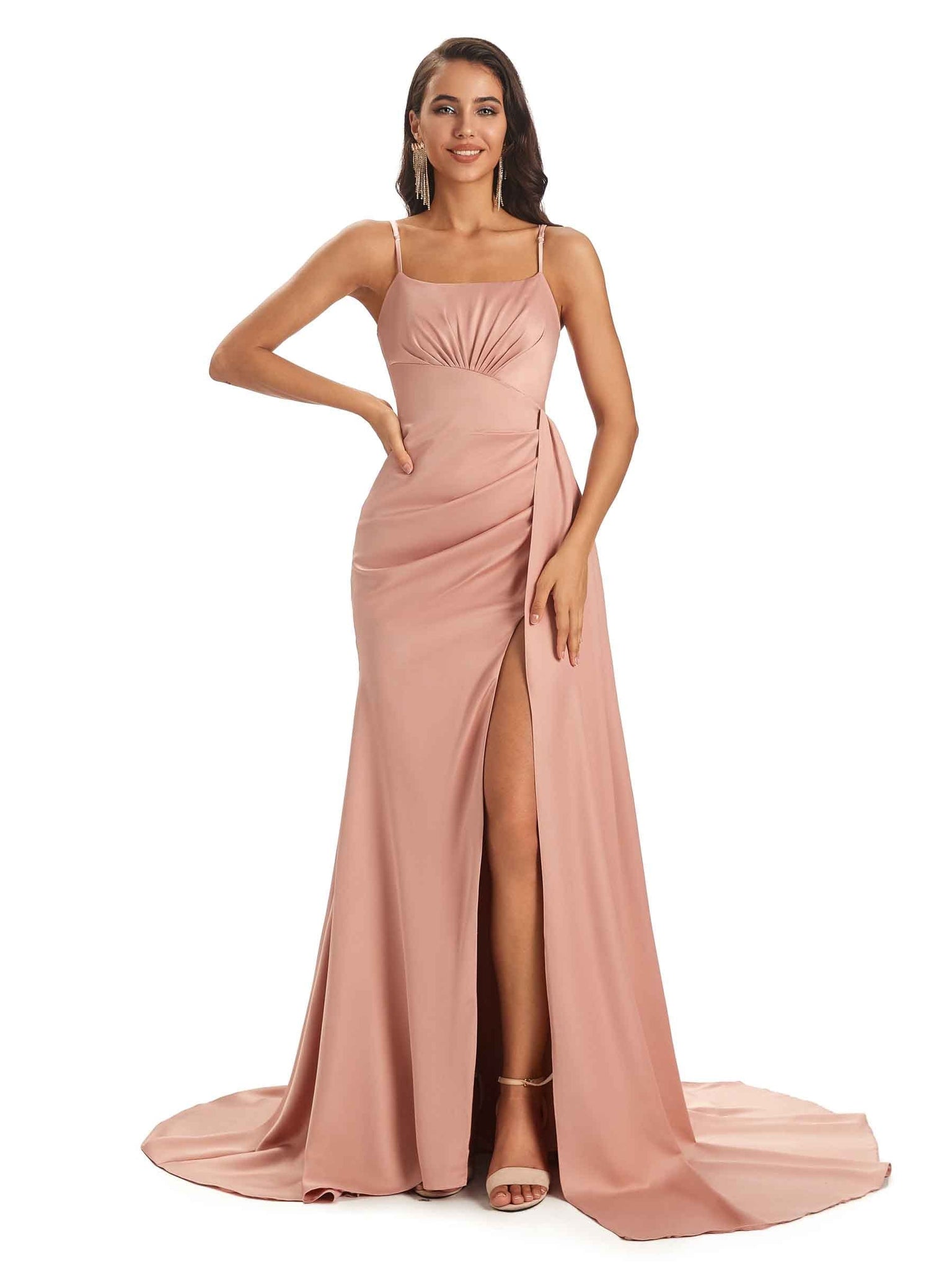 Soft Satin Floor-Length  Side Slit Spaghetti Straps Sexy Prom Dresses Online