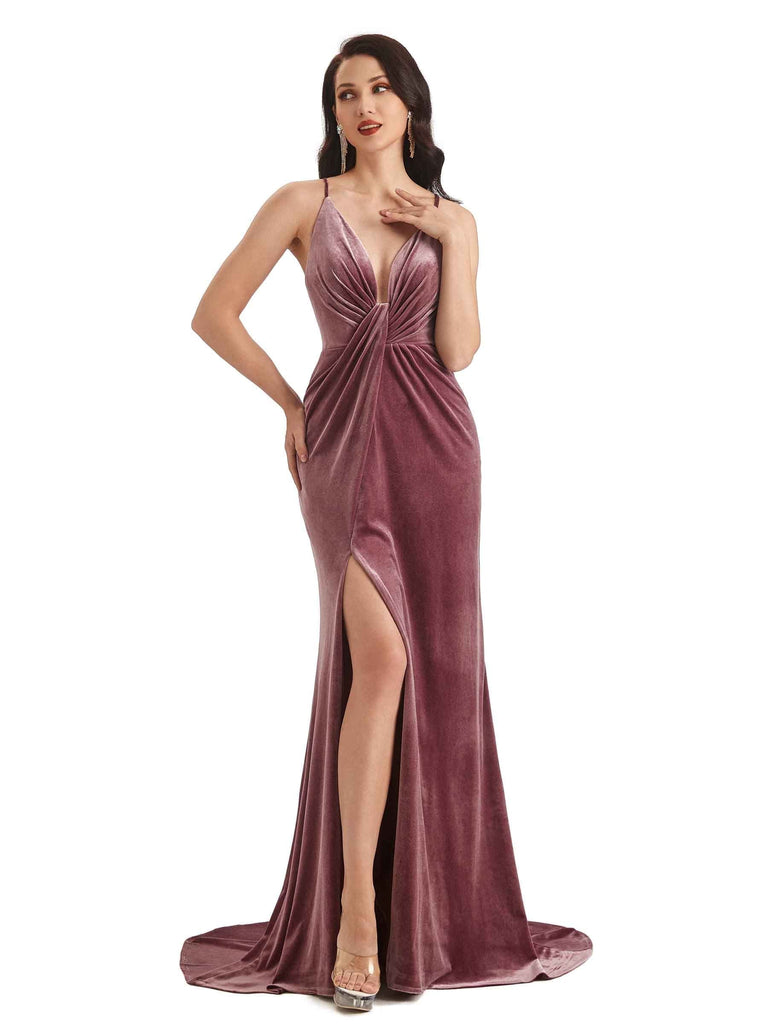 Sexy Mermaid Spaghetti Straps Backless Velvet Side Slit Long Prom Dresses