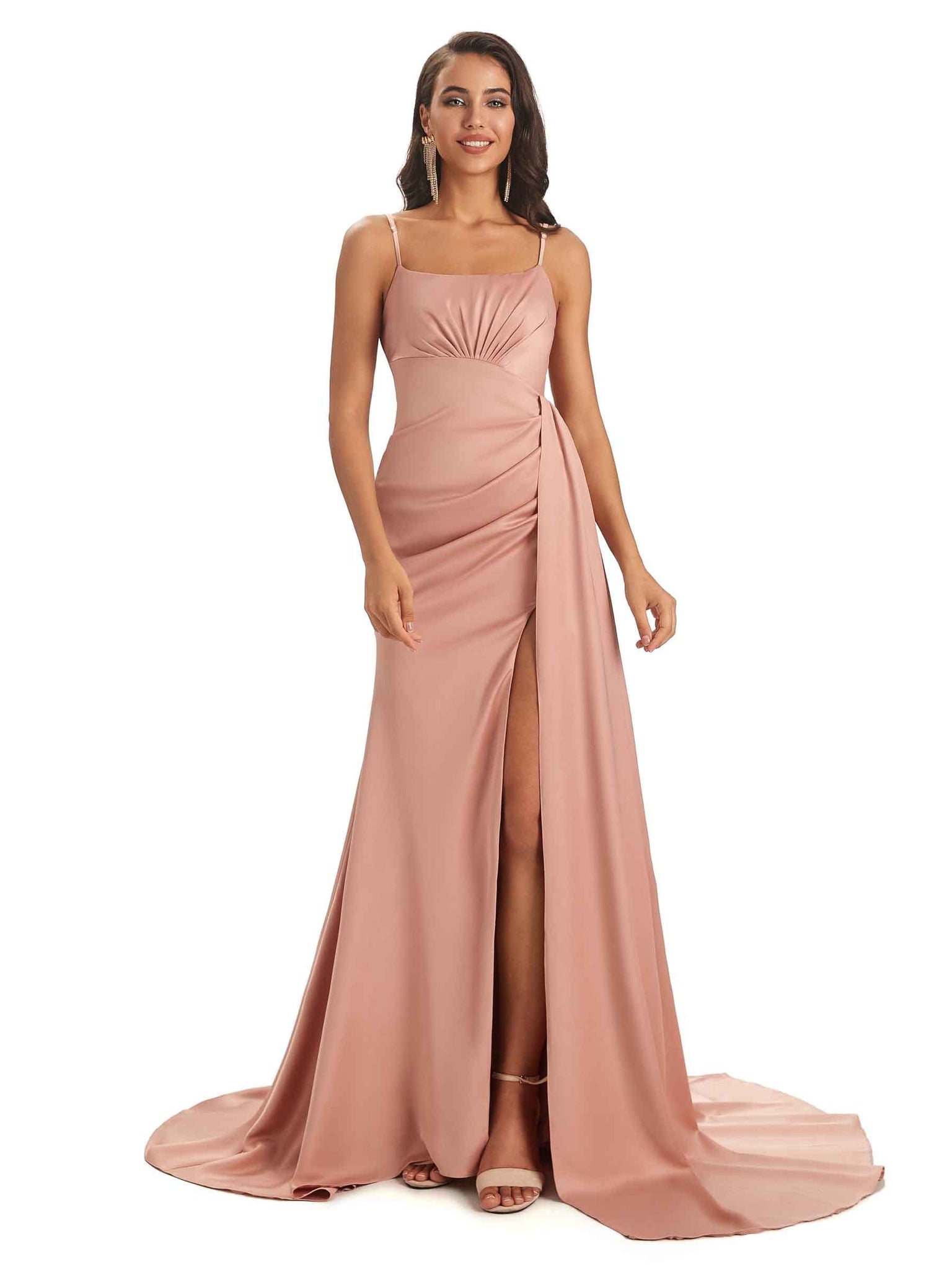 Silky Satin Long Spaghetti Straps Sexy Mermaid Bridesmaid Dresses With Slit UK