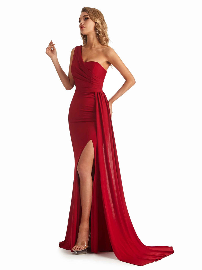 Sexy Mermaid One Shoulder Side Slit Stretchy Jersey Long Bridesmaid Dresses