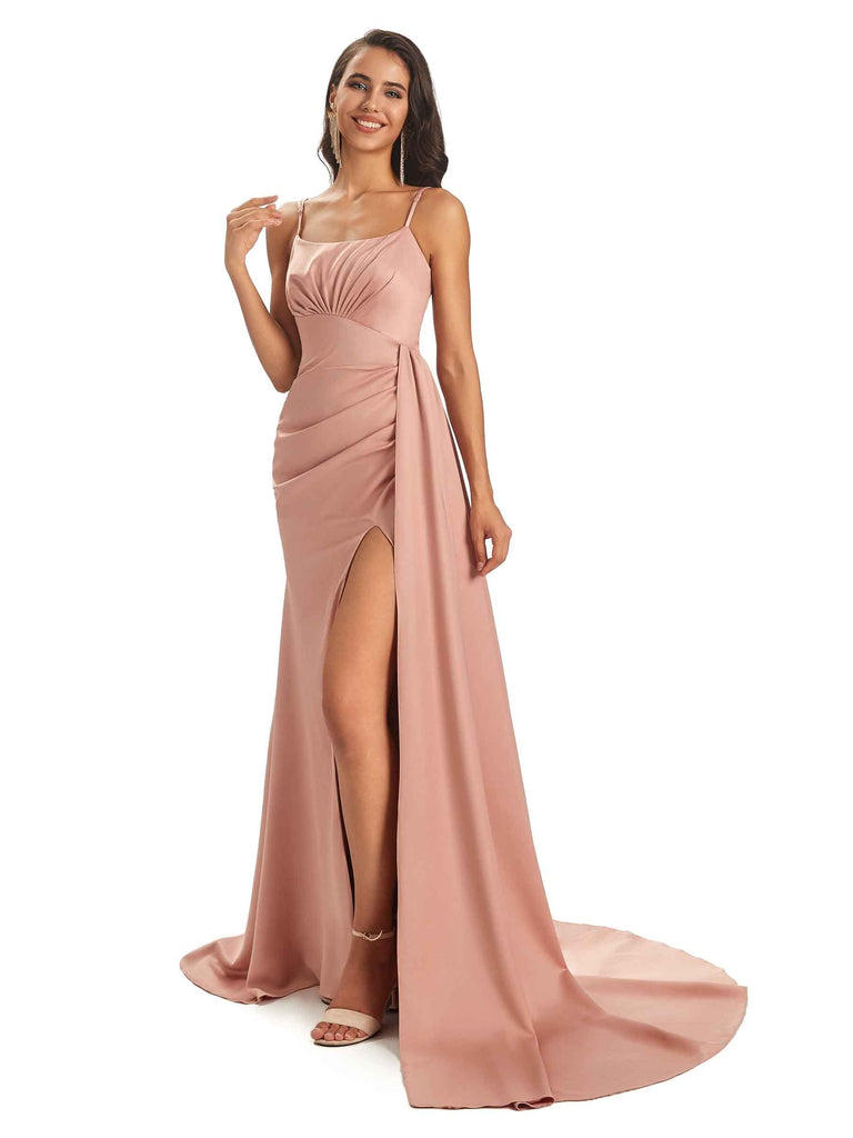Soft Satin Floor-Length  Side Slit Spaghetti Straps Sexy Prom Dresses Online