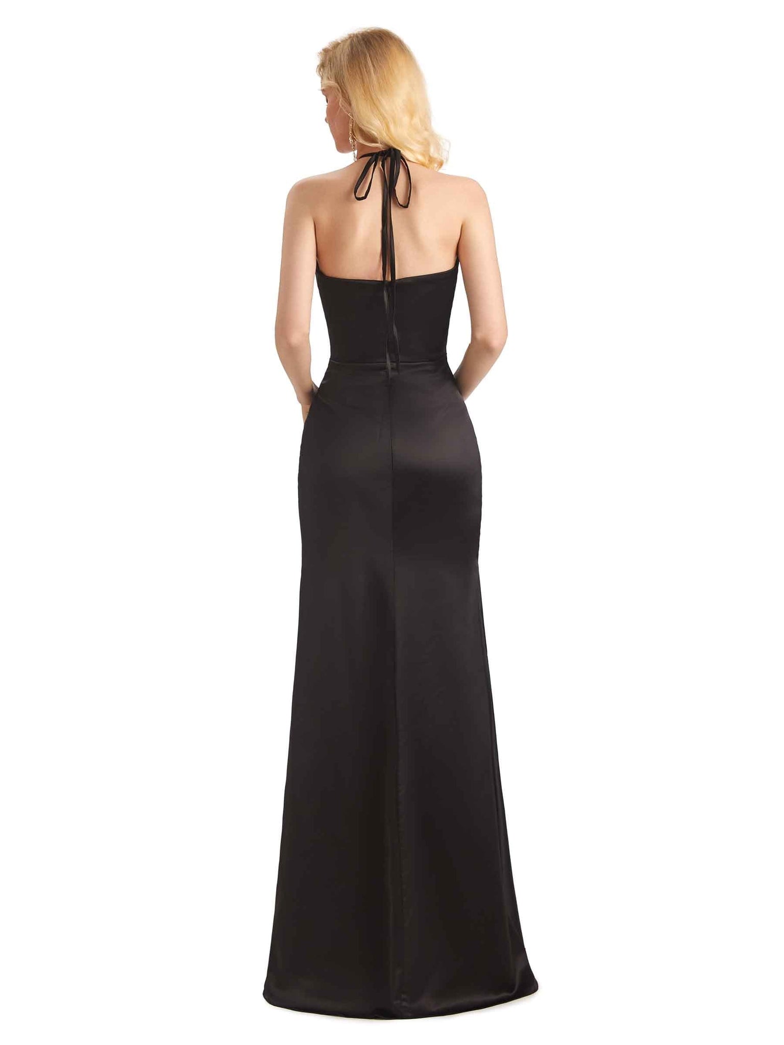 Sexy Side Slit Soft Satin Halter Long Mermaid Bridesmaid Dresses UK Online