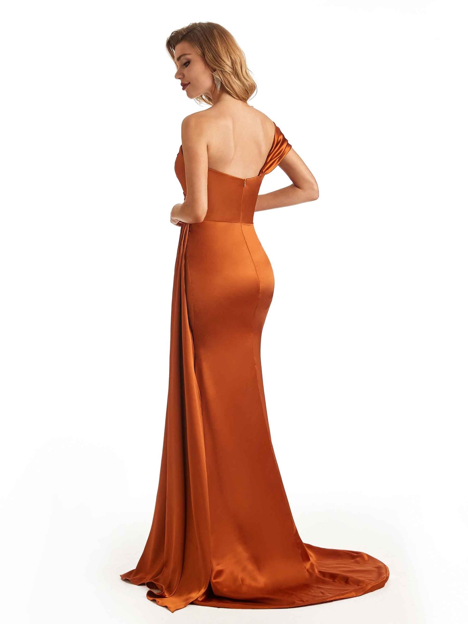 Elegant One Shoulder Pleats Silky Satin Long Mermaid Bridesmaid Dresses Online