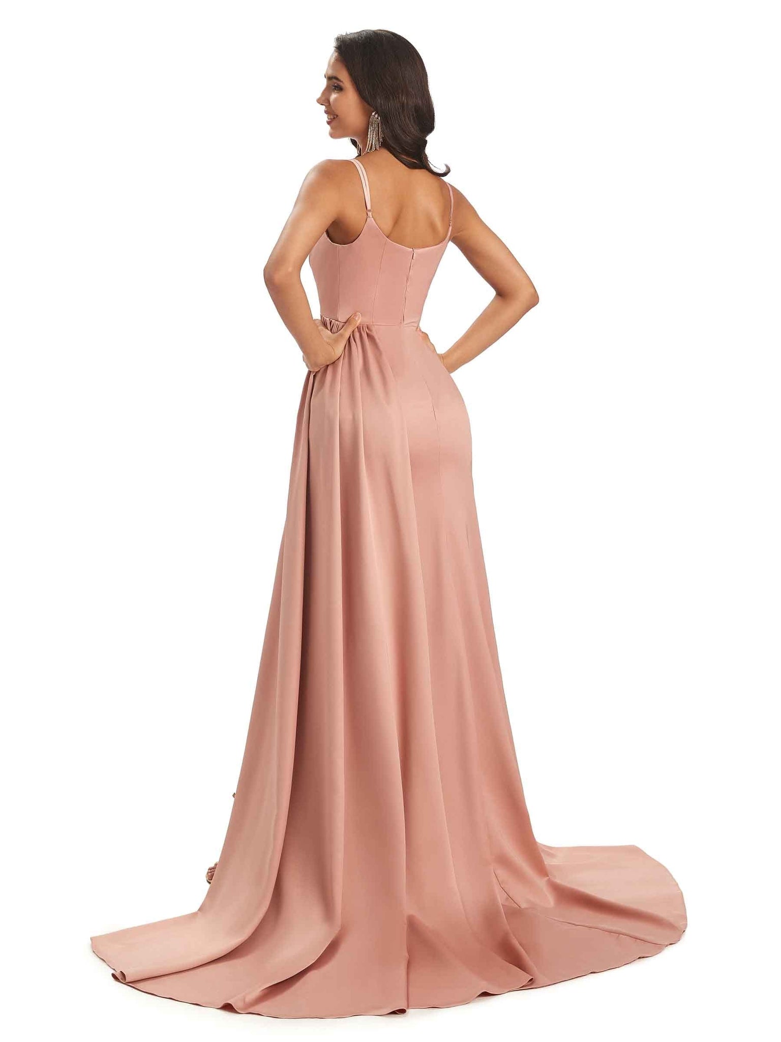 Silky Satin Long Spaghetti Straps Sexy Mermaid Bridesmaid Dresses With Slit UK