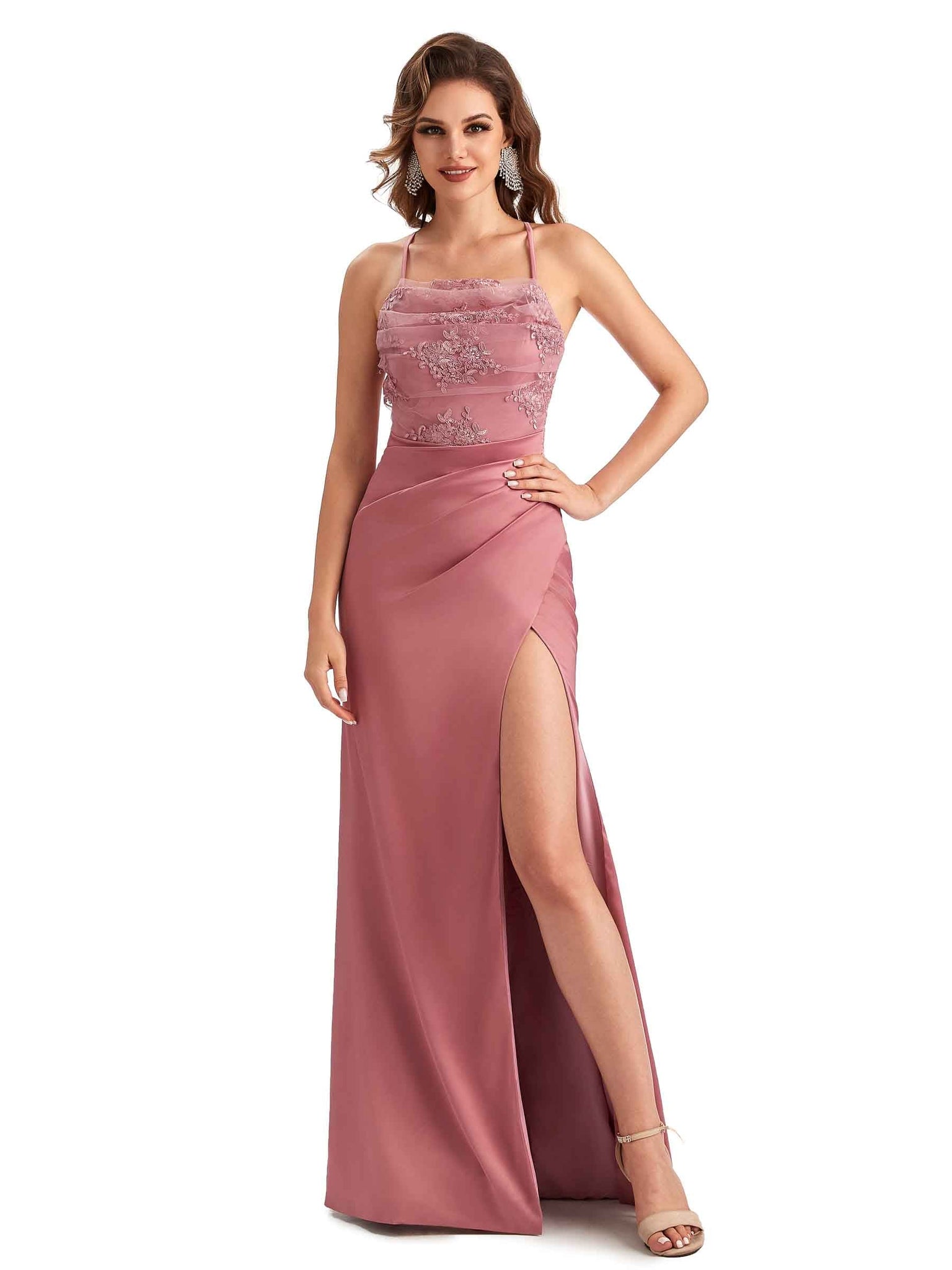 Sexy Side Slit Mermaid Lace Silky Satin Long Bridesmaid Dresses UK Online