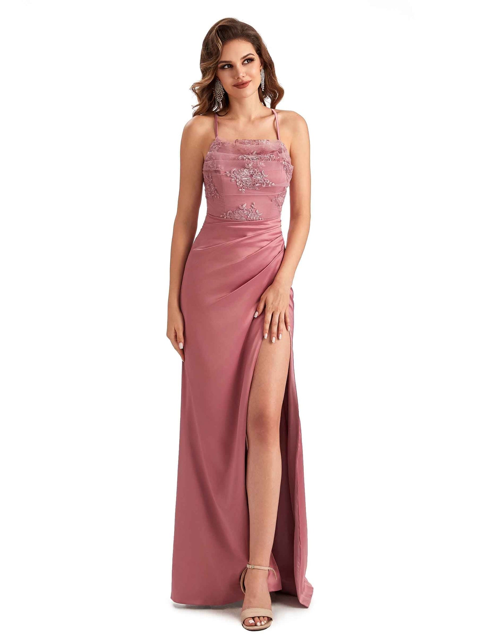 Sexy Side Slit Mermaid Lace Silky Satin Long Bridesmaid Dresses UK Online