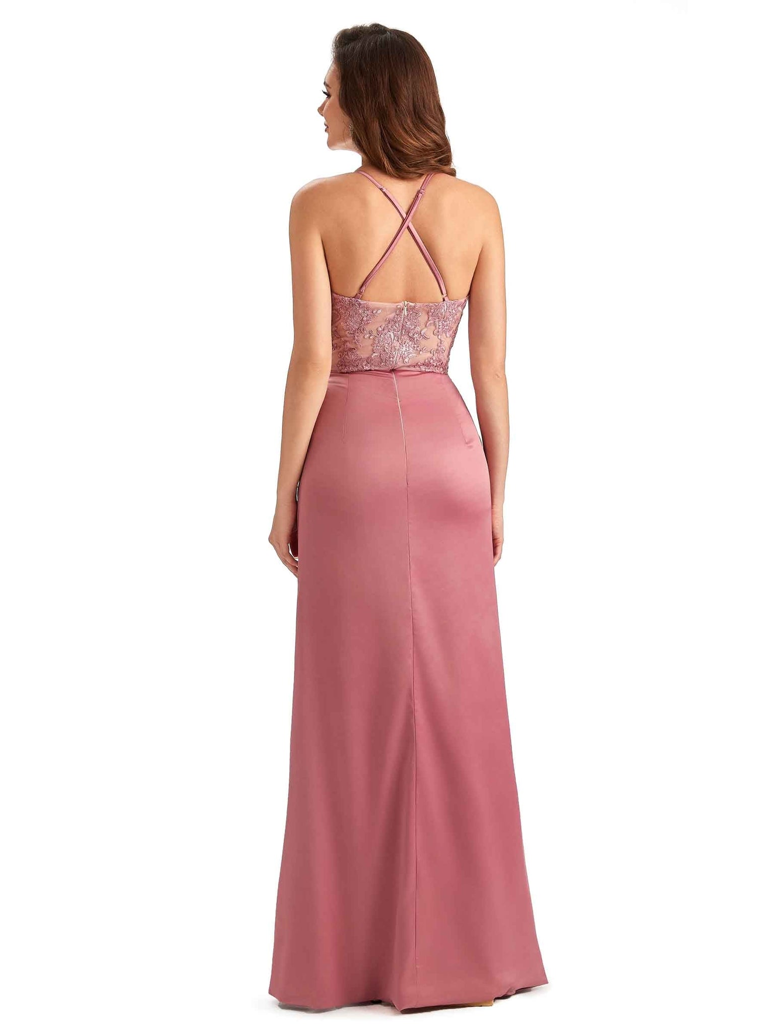 Sexy Side Slit Mermaid Lace Silky Satin Long Bridesmaid Dresses UK Online