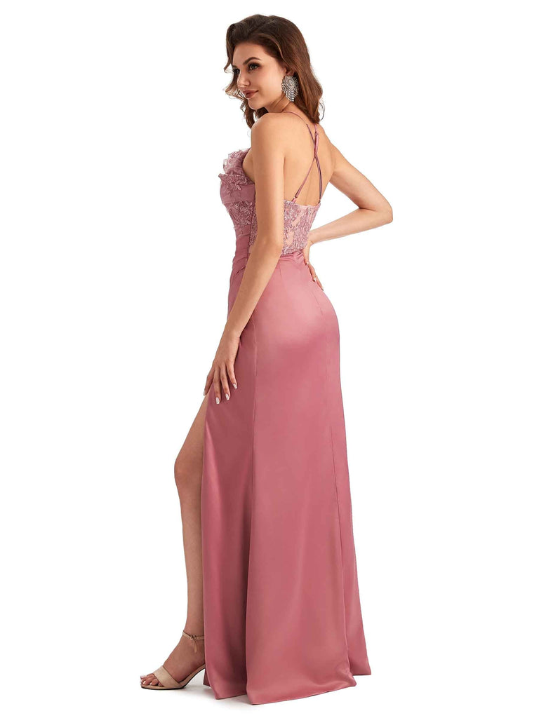 Sexy Side Slit Mermaid Lace Silky Satin Long Bridesmaid Dresses Online