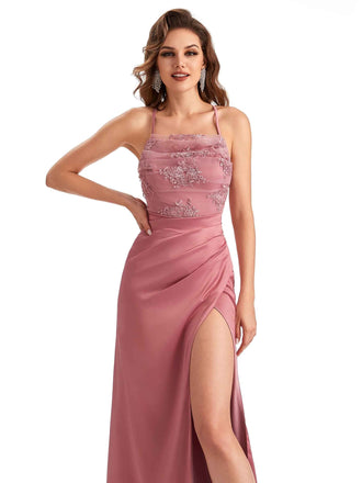 Sexy Side Slit Mermaid Lace Silky Satin Long Bridesmaid Dresses Online