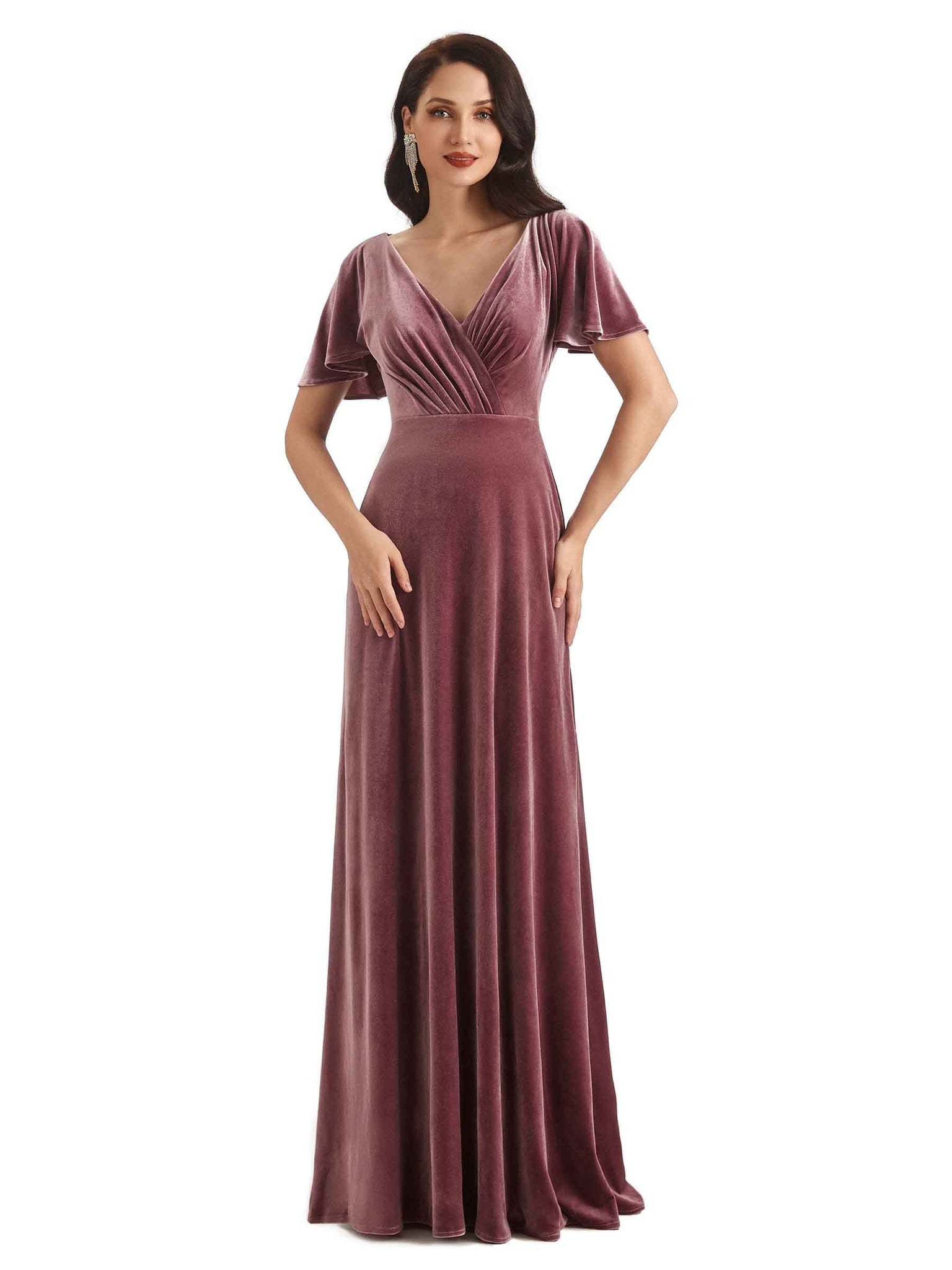 Sexy See Through V-neck Short Sleeves Velvet Long Bridesmaid Dresses UK Online