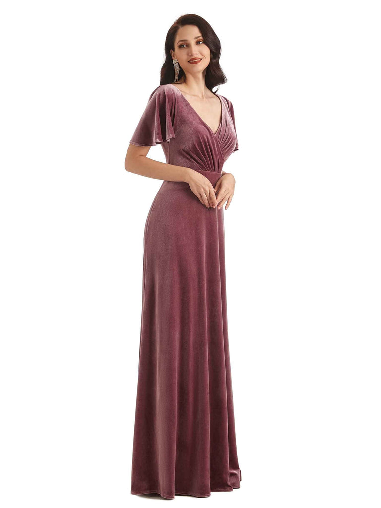 Sexy See Through V-neck Short Sleeves Velvet Long Prom Dresses Online