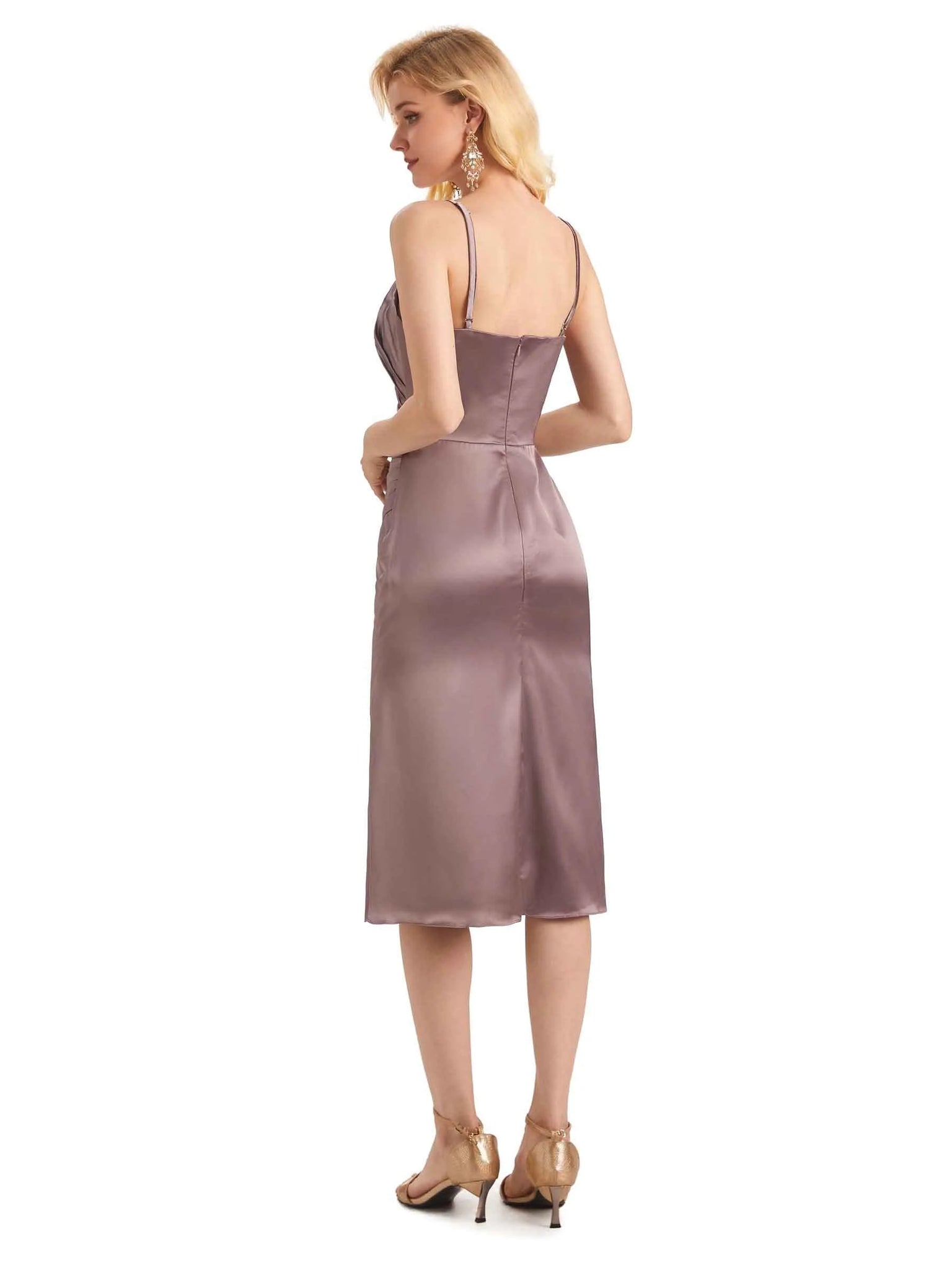 Sexy Side Slit Spaghetti Short Midi Satin Prom Dresses Online