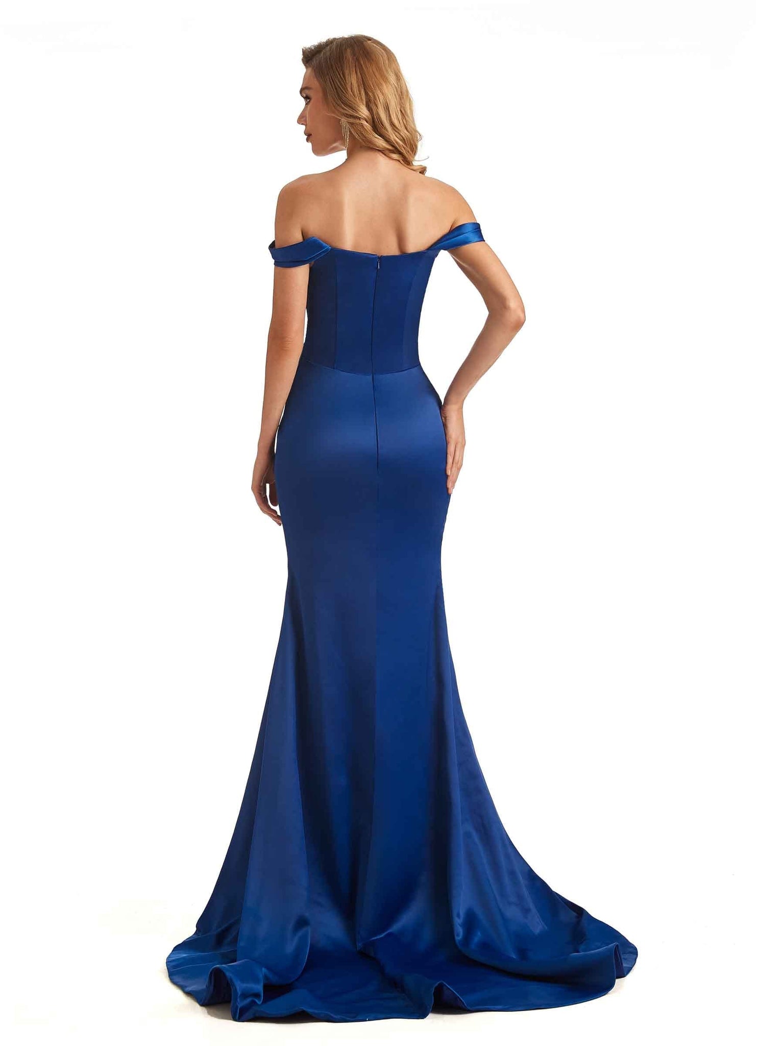 Elegant Silky Satin Off Shoulder Long Side Slit Mermaid Bridesmaid Dresses Online