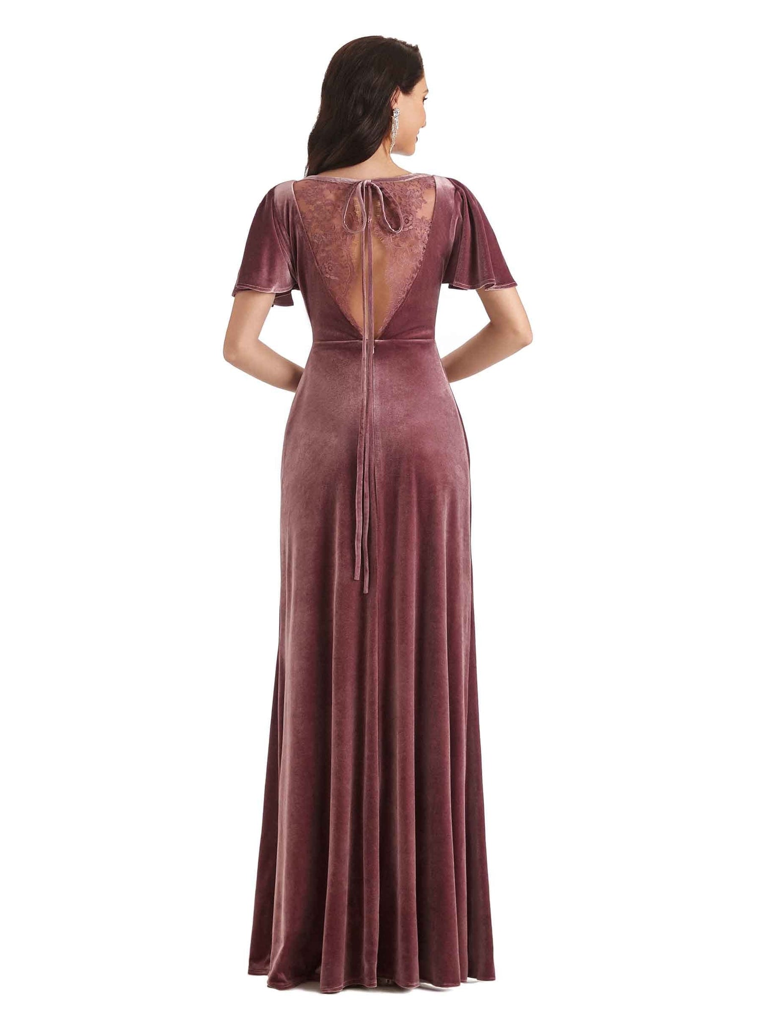 Sexy See Through V-neck Short Sleeves Velvet Long Bridesmaid Dresses UK Online