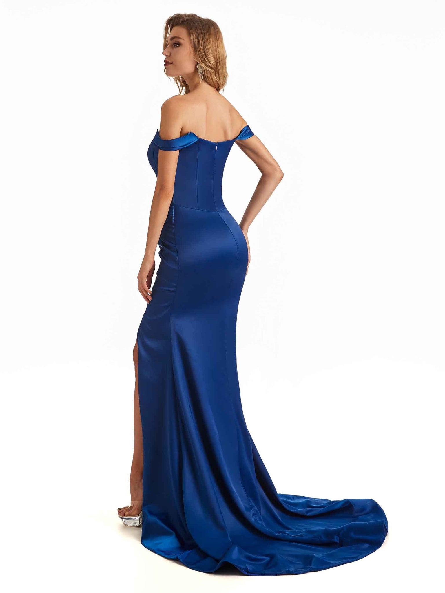 Elegant Silky Satin Off Shoulder Long Side Slit Mermaid Bridesmaid Dresses Online