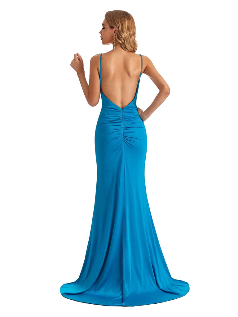 Sexy Mermaid Spaghetti Straps V-Neck Backless Side Slit Stretchy Jersey Long Bridesmaid Dresses
