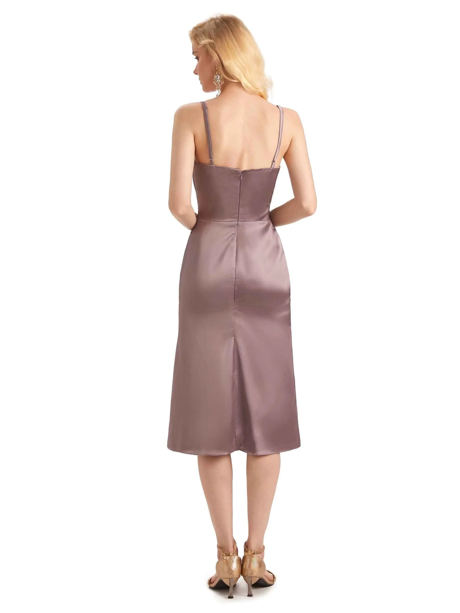 Sexy Side Slit Spaghetti Short Midi Satin Prom Dresses Online