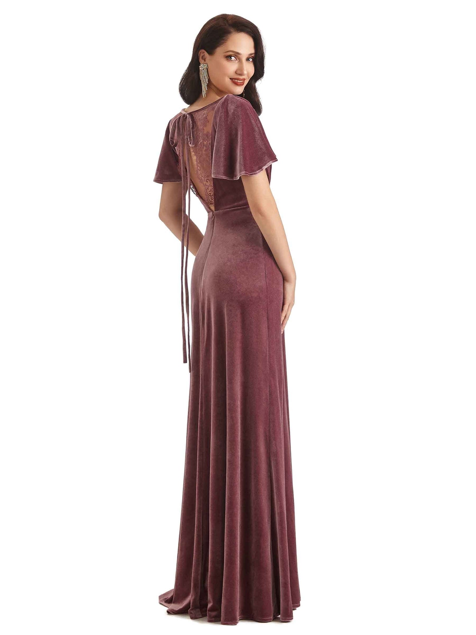 Sexy See Through V-neck Short Sleeves Velvet Long Bridesmaid Dresses UK Online
