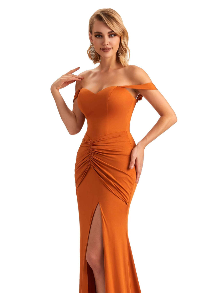 Sexy Side Slit Mermaid Off The shoulder Stretchy Jersey Long Formal Bridesmaid Dresses