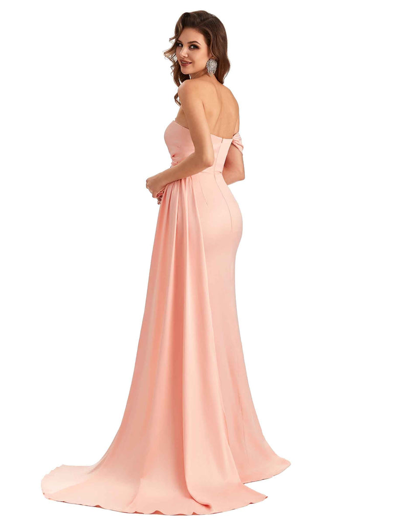 Sexy One Shoulder Side Slit Mermaid Soft Satin Long Bridesmaid Gowns UK Online