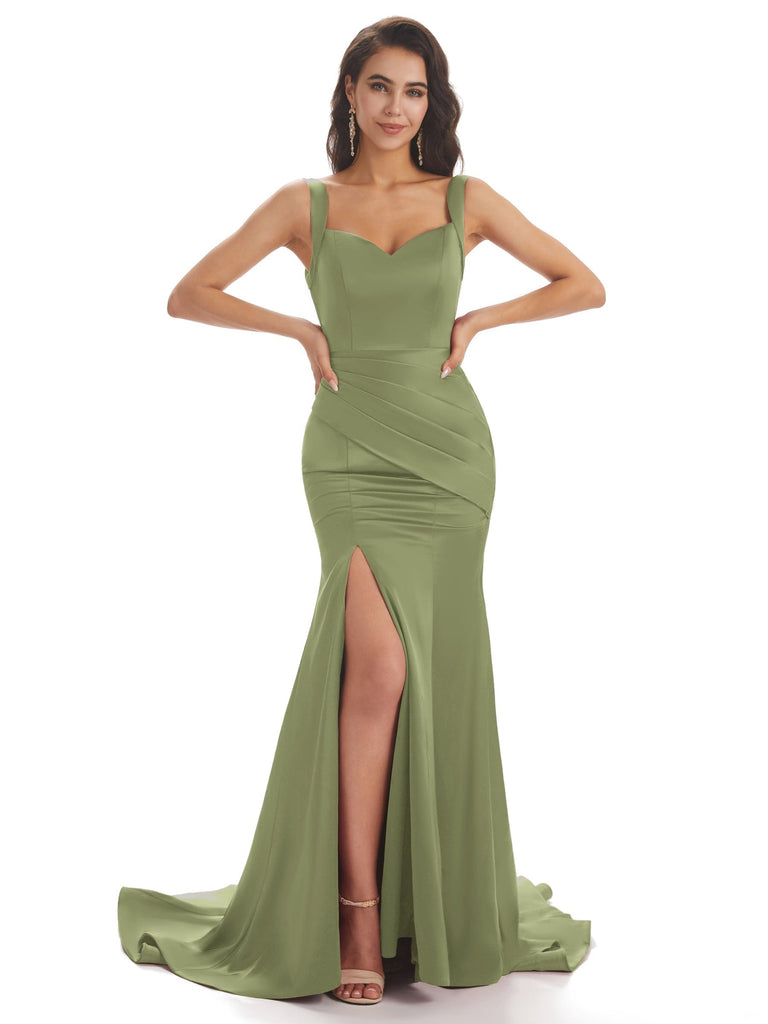 Mismatched Dusty Sage Sexy Side Slit Mermaid Soft Satin Long Bridesmai – chicsewuk