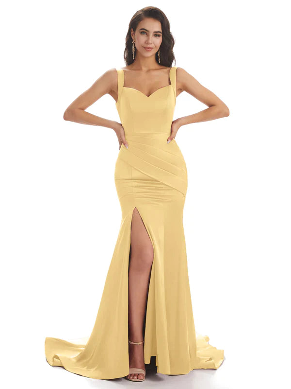 Mismatched Gold Sexy Side Slit Mermaid Soft Satin Long Bridesmaid Dresses Online