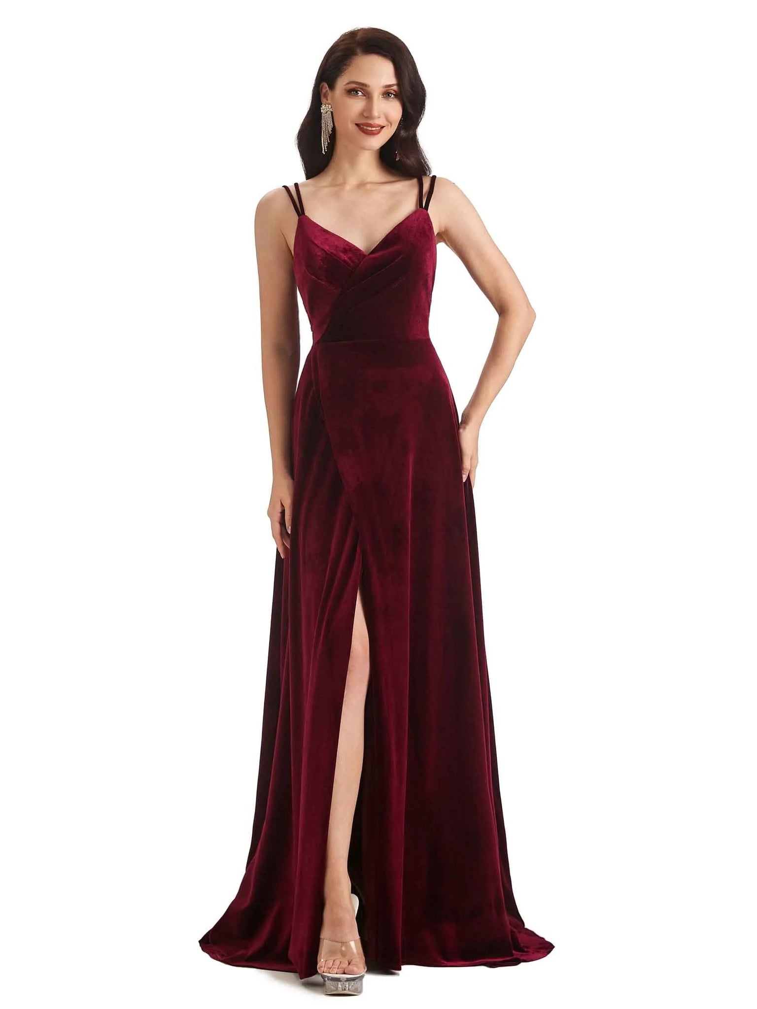 Sexy Open Back Side Slit Spaghetti Straps Velvet Long Prom Dresses Online