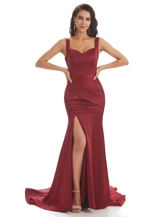 Sexy Soft Satin Side Slit Straps Square Floor-Length Mermaid Prom Dresses Online