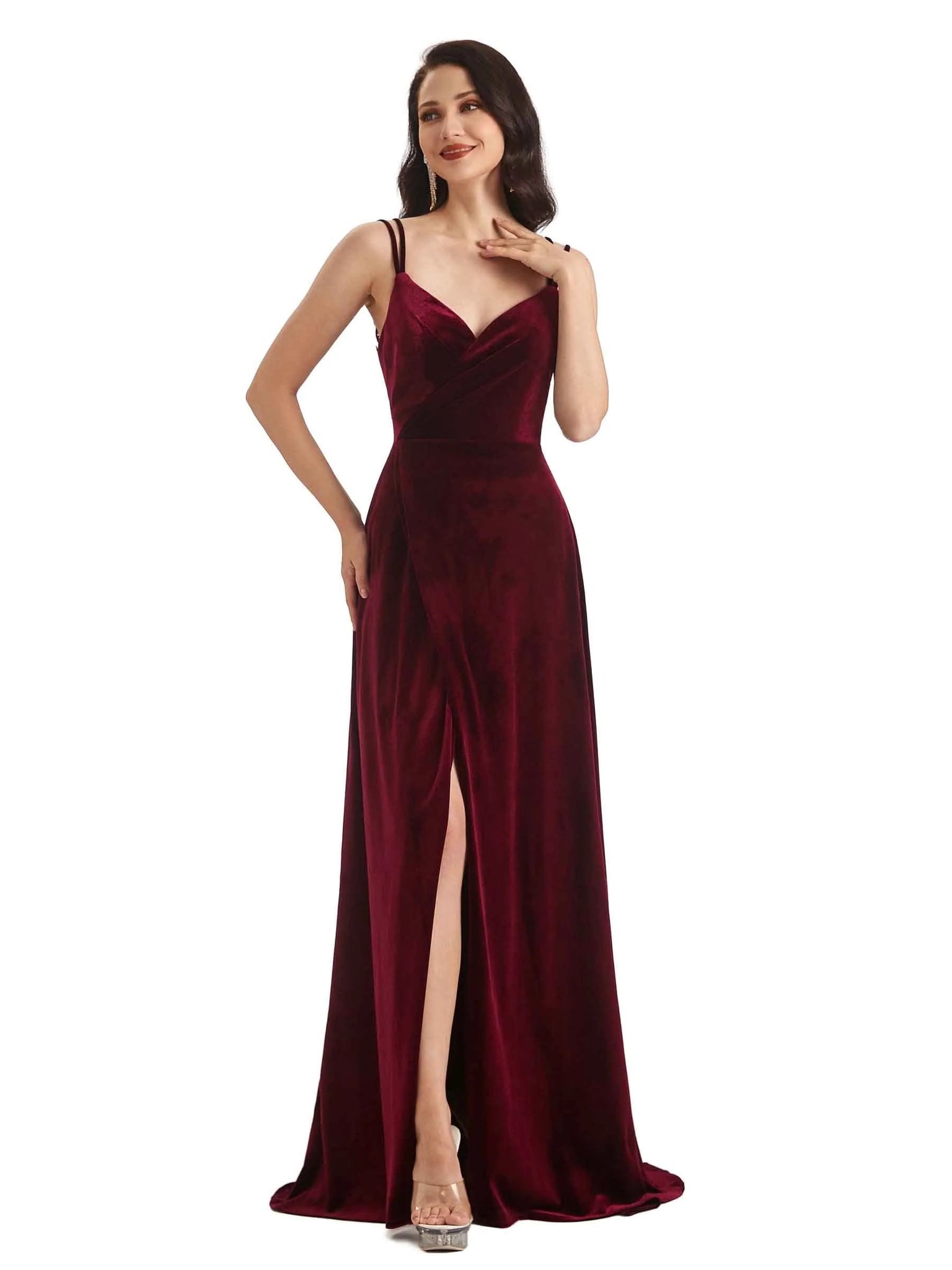 Sexy Open Back Side Slit Spaghetti Straps Velvet Long Prom Dresses Online