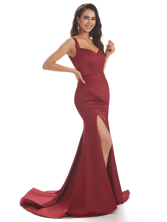 Sexy Soft Satin Side Slit Straps Square Floor-Length Mermaid Prom Dresses Online