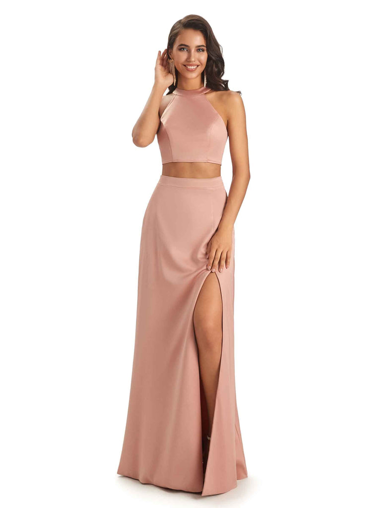 Soft Satin Floor-Length Two-Pieces Halter Side Slit Sexy Bridesmaid Dresses UK