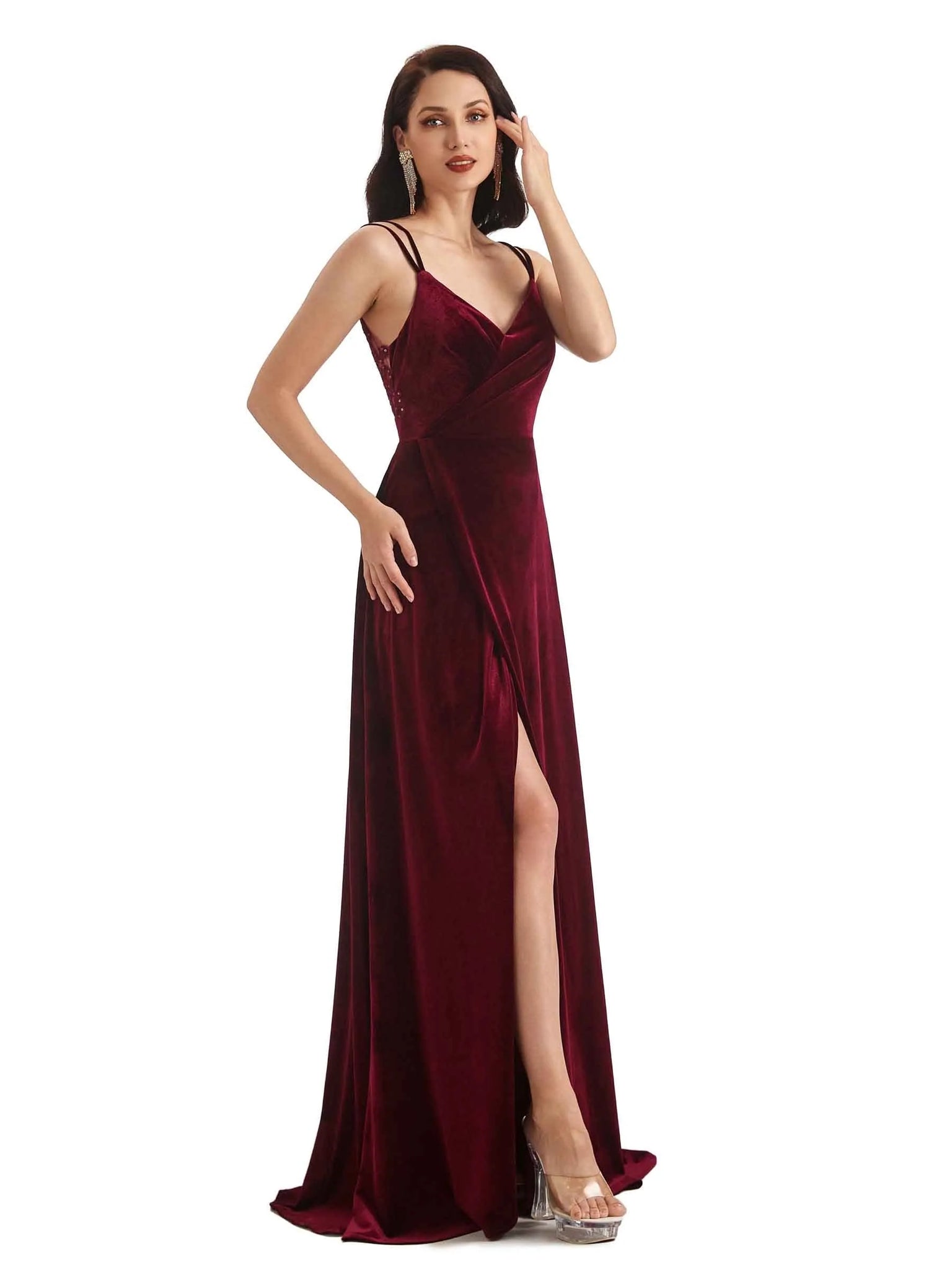 Sexy Open Back Side Slit Spaghetti Straps Velvet Long Prom Dresses Online