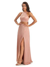 Soft Satin Floor-Length Two-Pieces Halter Side Slit Sexy Bridesmaid Dresses UK