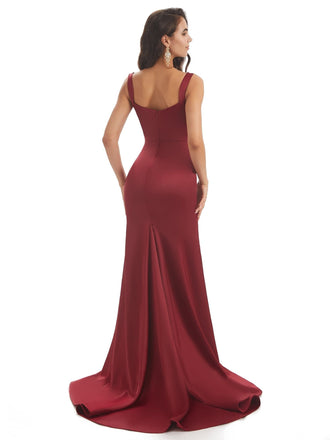 Sexy  Side Slit Straps Square Long Soft Satin Mermaid Bridesmaid Dresses UK Online Sale