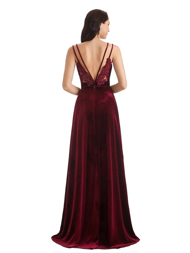 Sexy Open Back Side Slit Spaghetti Straps Velvet Long Prom Dresses Online