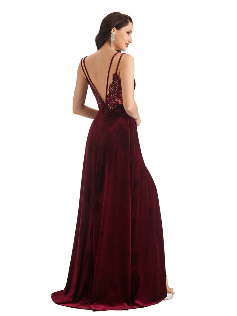 Sexy Open Back Side Slit Spaghetti Straps Velvet Long Prom Dresses Online