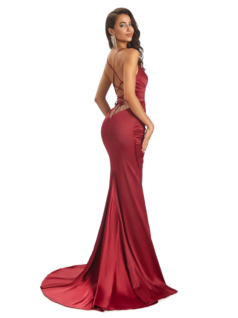 Soft Satin Side Slit Spaghetti Straps V-neck Floor-Length Sexy Mermaid Prom Dresses