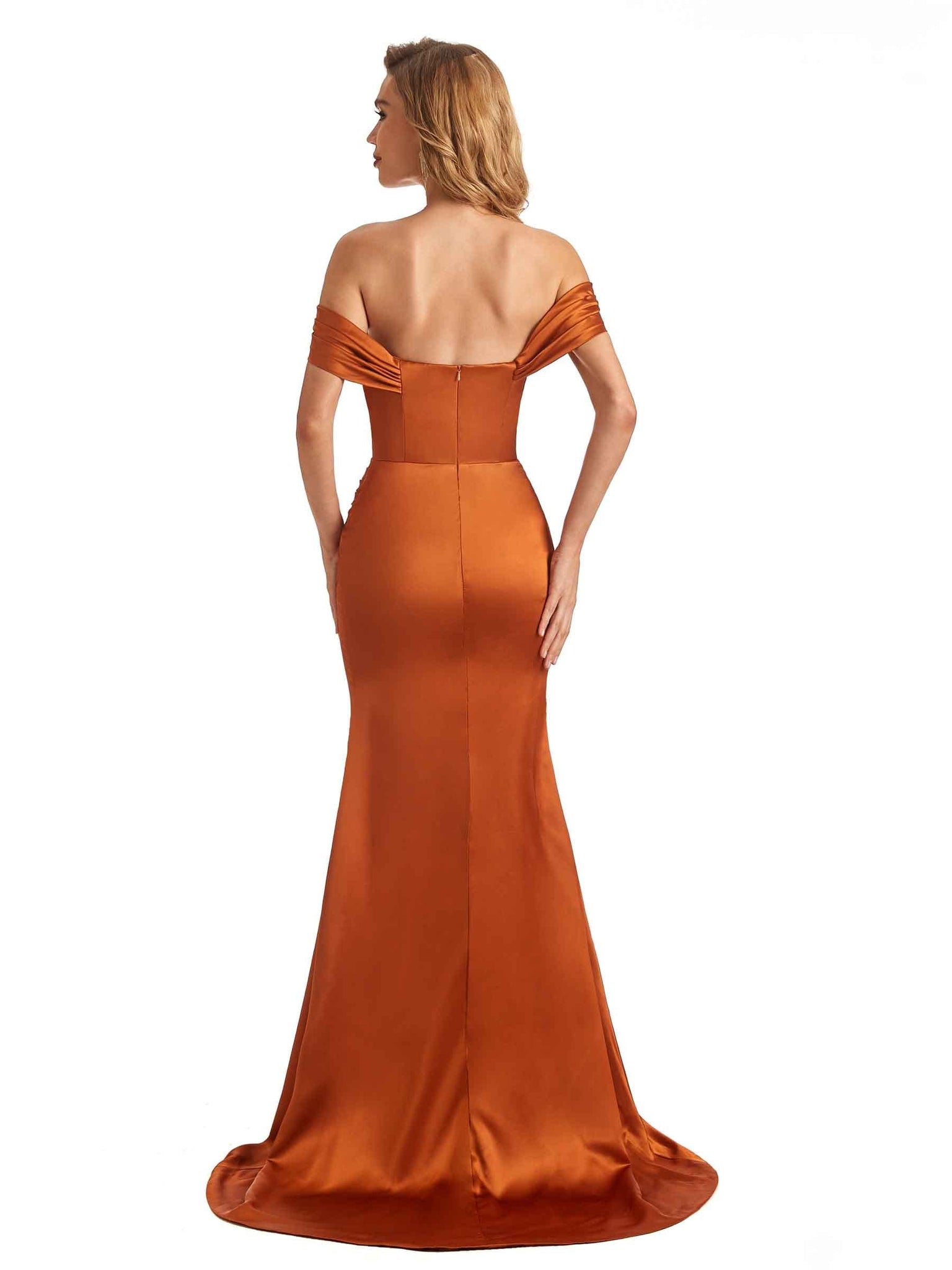 Elegant Off The Shoulder Satin Side Slit Mermaid Maxi Long Bridesmaid Dresses Online