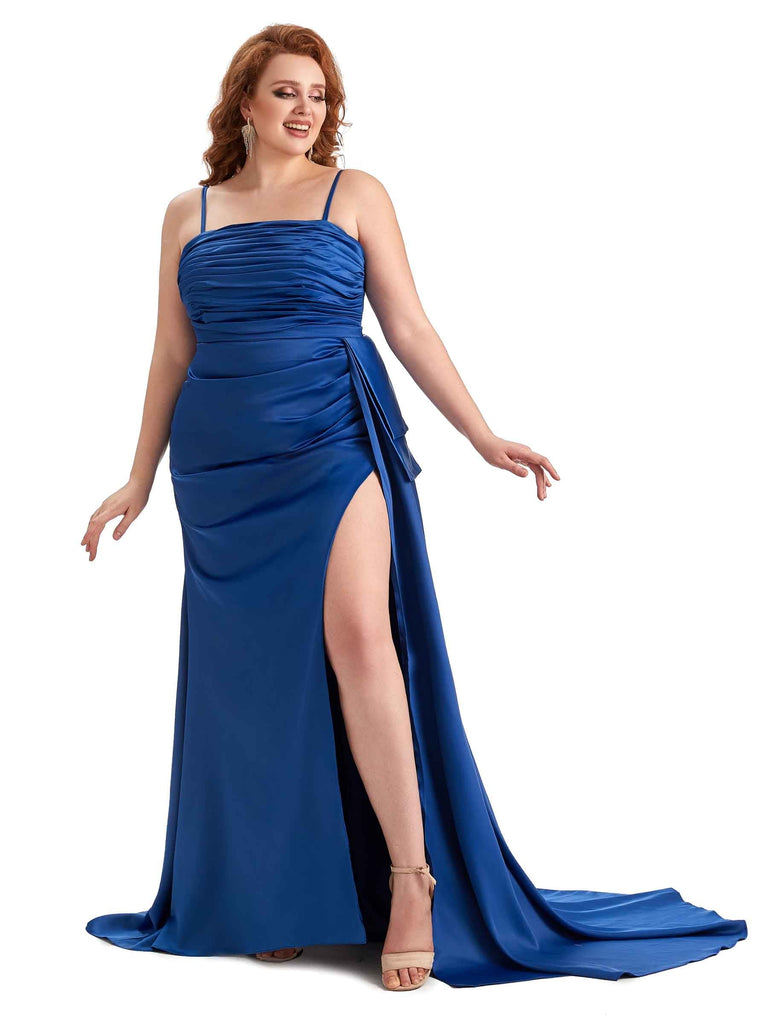 Sexy Side Slit Spaghetti Straps Mermaid Soft Satin Long Plus Size Wedding Party Dresses UK