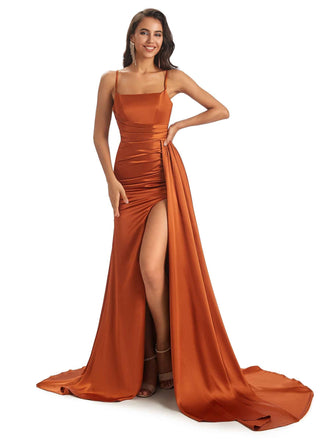 Sexy Soft Satin Side Slit Spaghetti Straps Floor-Length Mermaid Prom Dresses Online