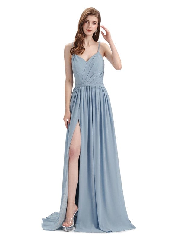 Sexy Side Slit A-line Chiffon Backless Unique Long Bridesmaid Dresses Online UK