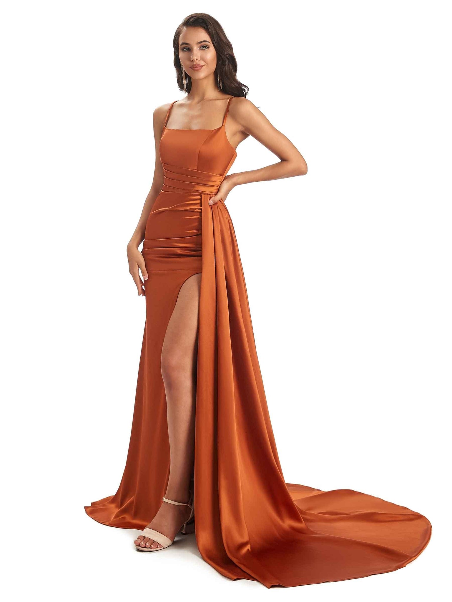 Sexy Soft Satin Side Slit Spaghetti Straps Floor-Length Mermaid Prom Dresses Online
