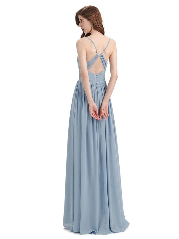 Sexy Side Slit A-line Chiffon Backless Unique Long Bridesmaid Dresses Online UK