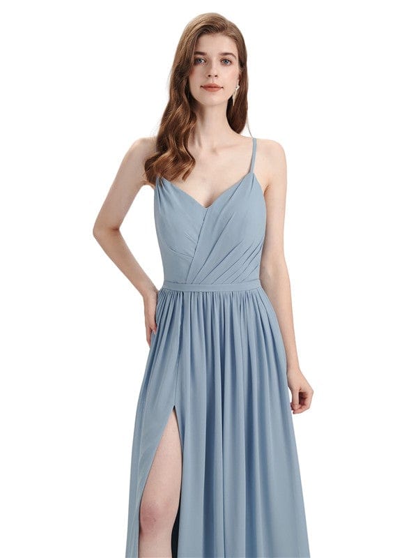 Sexy Side Slit A-line Chiffon Backless Unique Long Bridesmaid Dresses Online UK