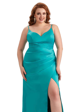 Sexy Side Slit Spaghetti Straps Mermaid Soft Satin Long Plus Size Maid of Honor Dresses