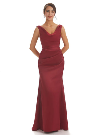 Sexy Simple V-neck Mermaid Satin Long Bridesmaid Dresses Online UK