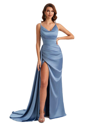 Sexy Side Slit Mermaid Satin Cowl Spaghetti Straps Unique Long Gowns For Wedding Guest