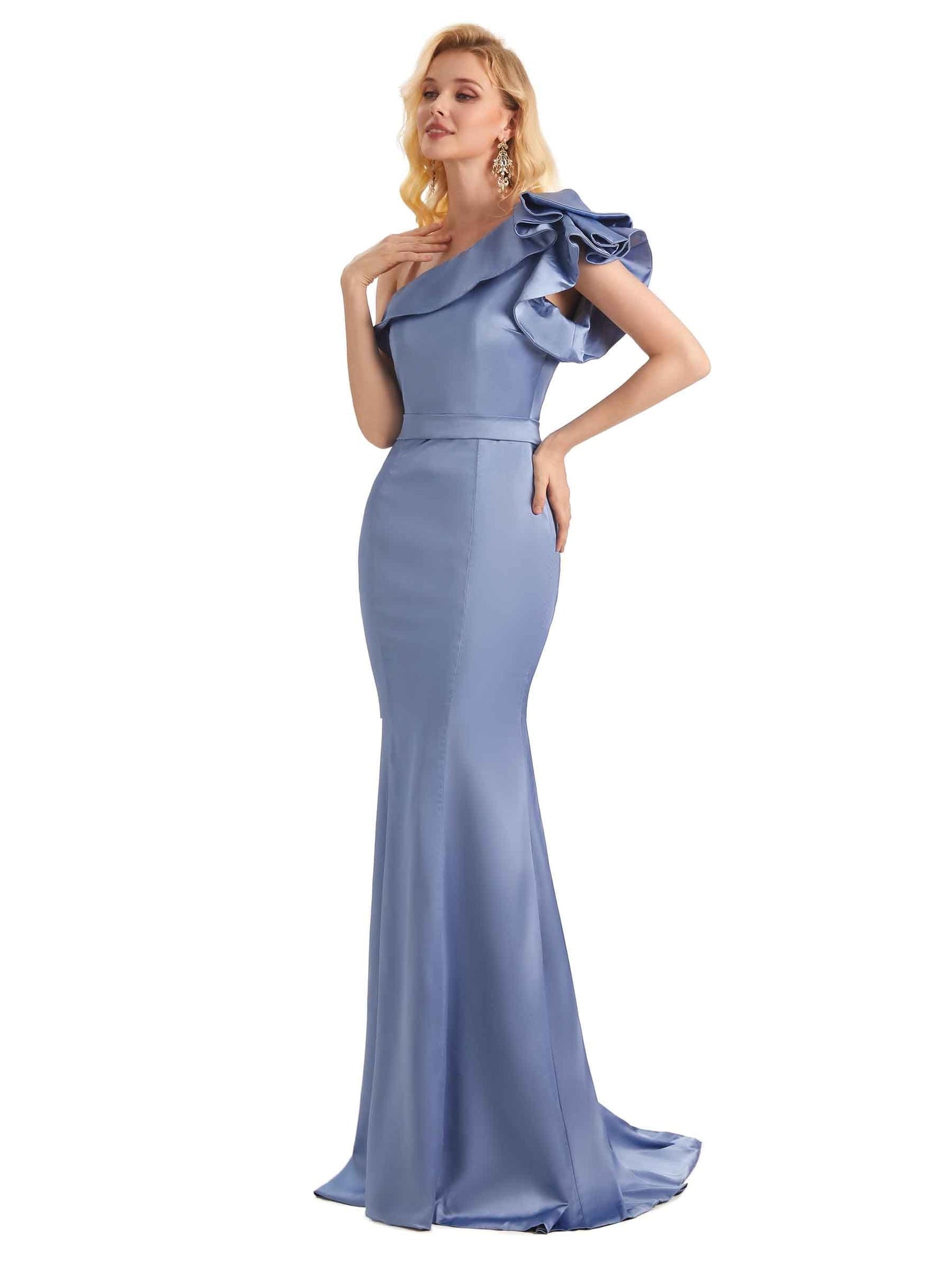 Unique One Shoulder Long Mermaid Silky Satin Gown For Bridesmaid UK Online