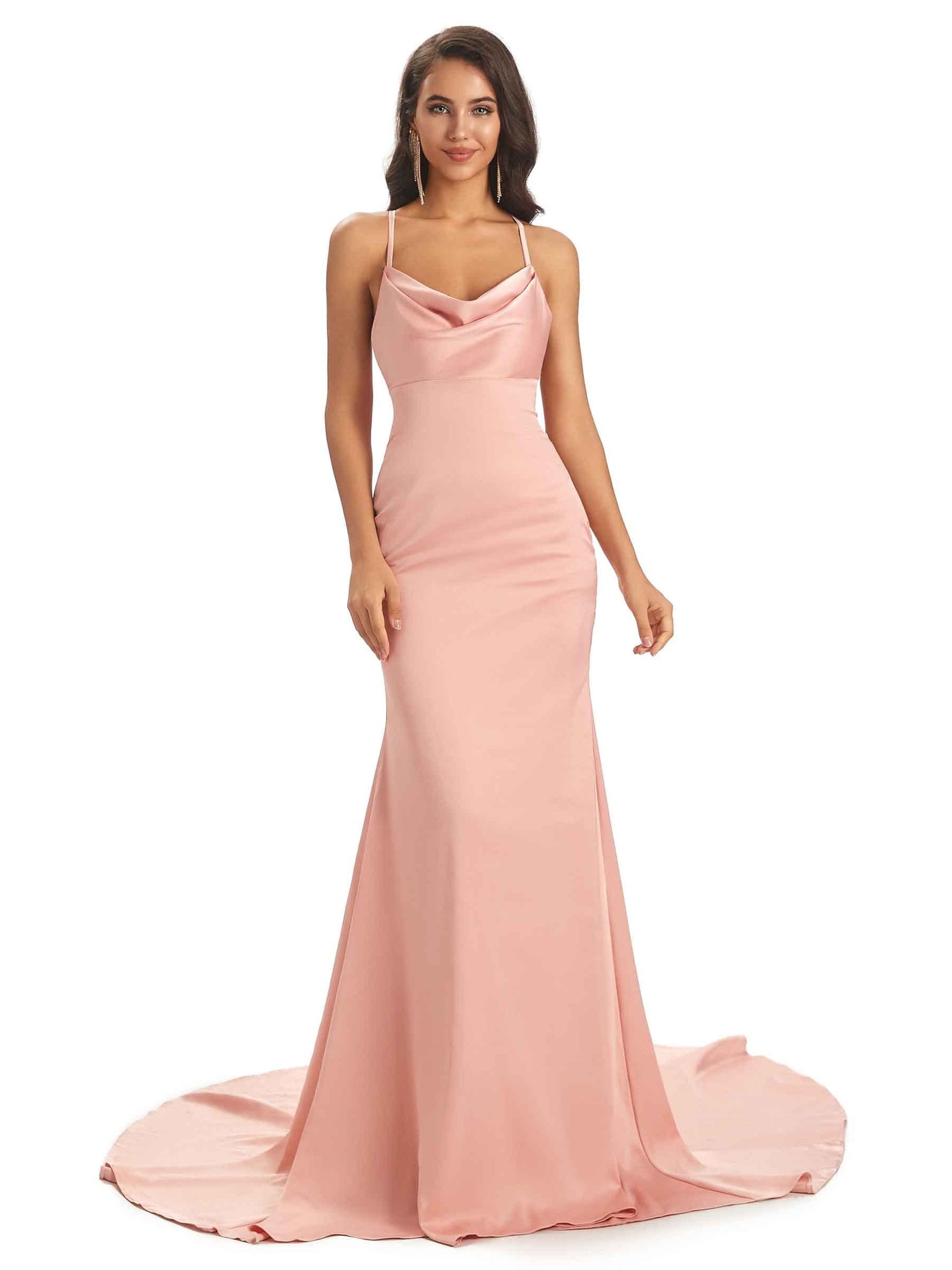 Elegant Soft Satin Spaghetti Straps Cowl Floor-Length Mermaid Prom Dresses Online