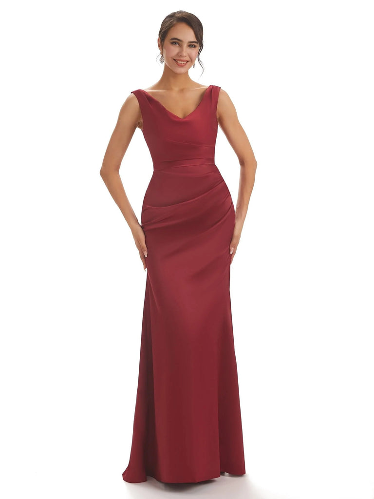 Sexy Simple V-neck Mermaid Satin Long Bridesmaid Dresses Online UK